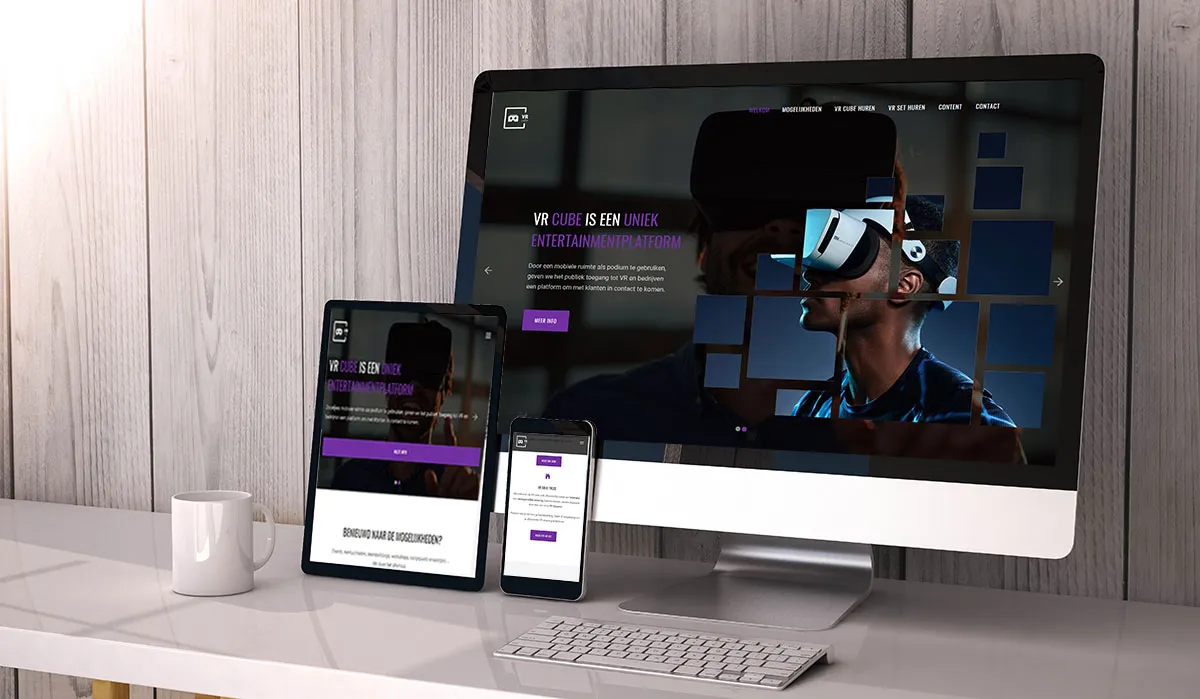 Project van Gettoweb voor VR Cube, getoond op desktop, tablet en smartphone